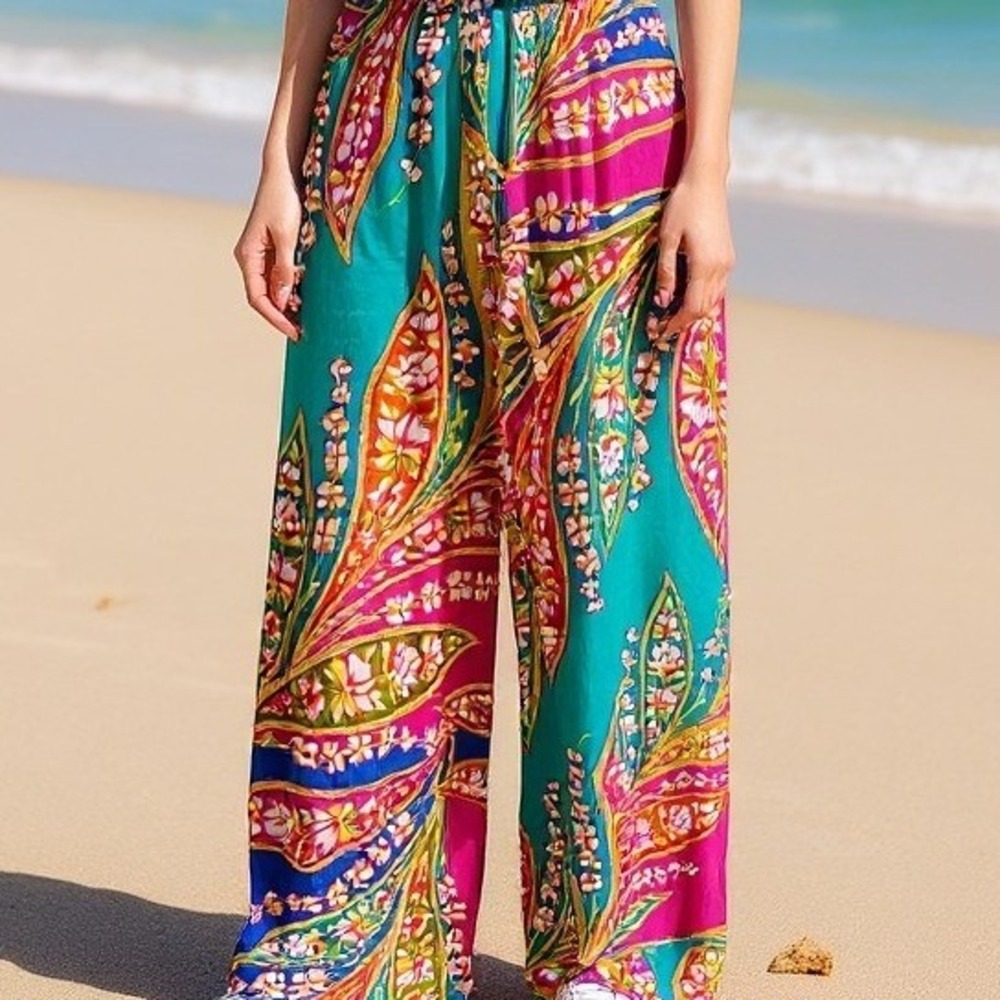 Haute Hippie Style Floral Paisley Wide Leg Pants Pink Turquoise Blue Small